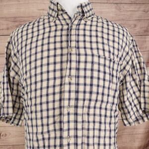 Roundtree & Yorke Shirt Mens XL Blue Plaid Short Sleeve Linen Button Up Casual